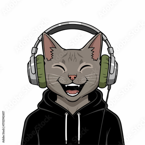 A joyful gray cat wearing headphones and a hoodie beams with happiness, enjoying its music.