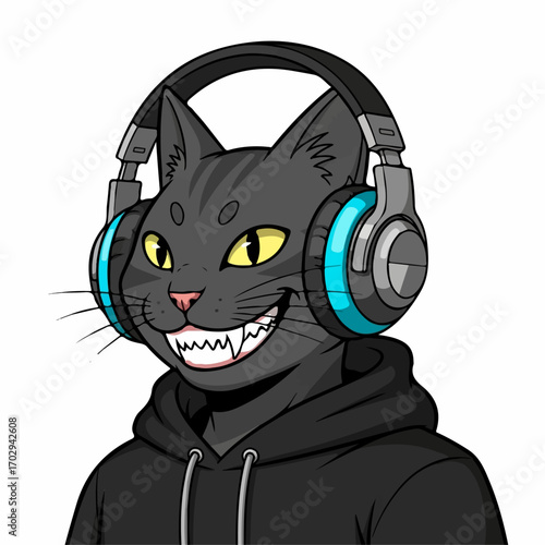 A mischievous black cat, wearing headphones and a hoodie, grins playfully against a white background.