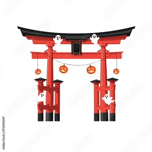 A vibrant red torii gate adorned with ghost and pumpkin decorations, set against a clean white background, evoking a festive Pumpkin Spice Season atmosphere.
