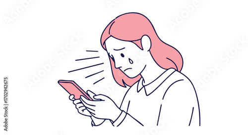 Heartbroken woman crying while looking at her phone, experiencing emotional distress