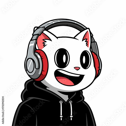 A joyful cartoon cat wearing headphones and a hoodie enjoys listening to music.