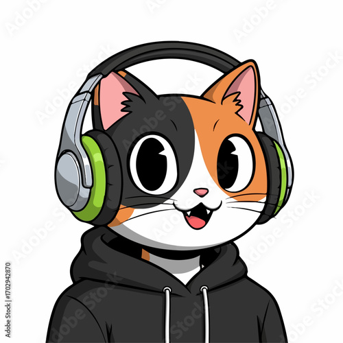 A cheerful calico cat wearing headphones and a hoodie enjoys listening to music against a white background.