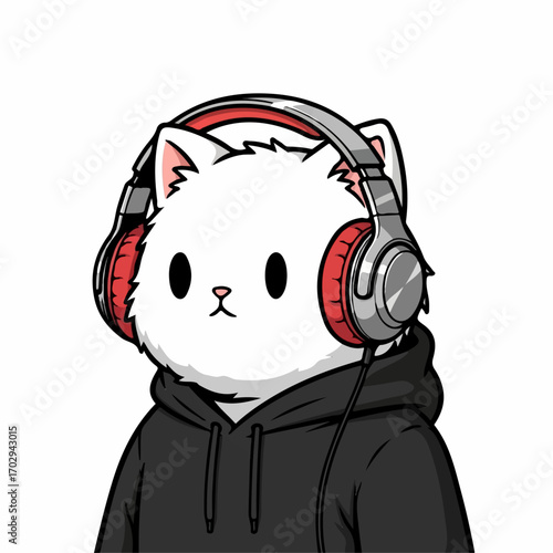 A cute white cat wearing a black hoodie and red headphones listens intently, showcasing a calm and peaceful mood.