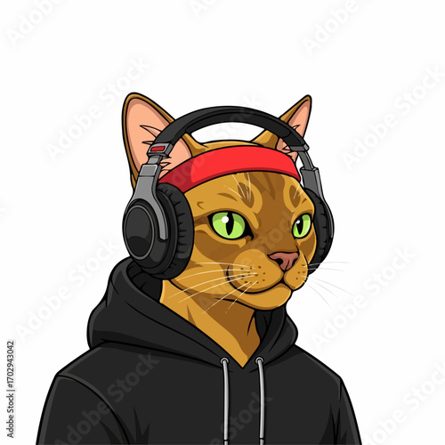 A cool Abyssinian cat wearing headphones and a hoodie, listening intently to music, against a white background, conveying a vibe of relaxed concentration.
