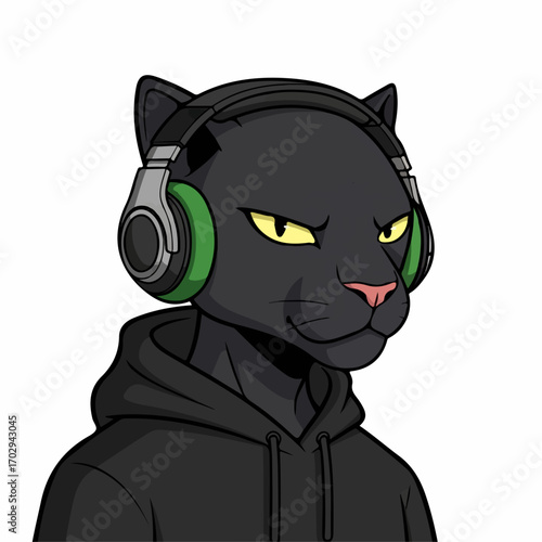 A cool black panther wearing headphones and a hoodie, listening intently, conveying a vibe of confident mystery.
