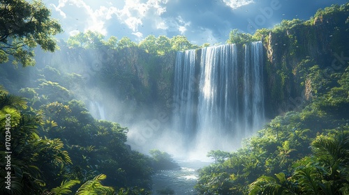 Fototapeta Naklejka Na Ścianę i Meble -  Lush jungle waterfall cascading down rocky cliffs.