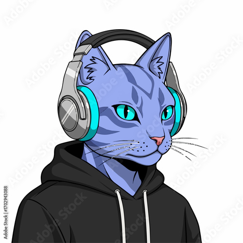 A cool blue cat wearing headphones and a hoodie listens intently to music, embodying a calm and stylish vibe.
