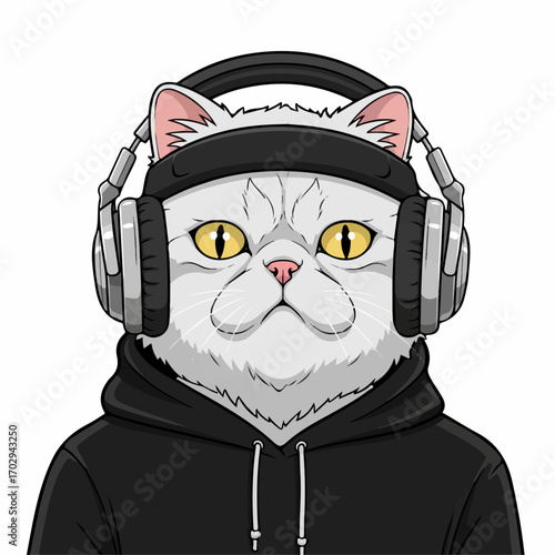 A cool Persian cat wearing headphones and a hoodie, listening intently to music, against a white background.