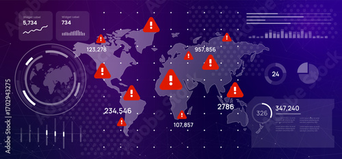high-tech digital dashboard displaying a world map with red warning signs global crisis cybersecurity threats risk areas futuristic emergency and data driven alerts