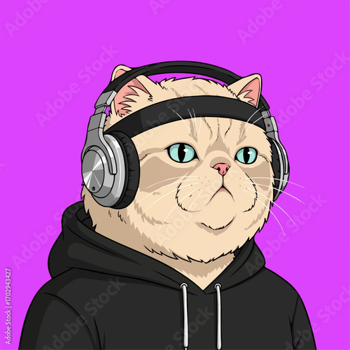 A cool cream-colored cat in a black hoodie listens intently to music through large headphones against a vibrant purple background.