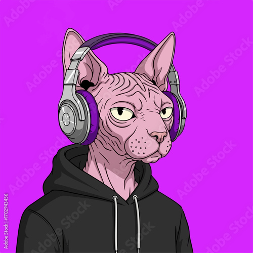 A cool Sphynx cat in a black hoodie listens intently to music through purple headphones against a vibrant purple background.