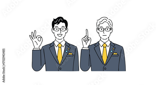 Confident businessman signals approval while colleague expresses caution, perfect for business insights and decision-making