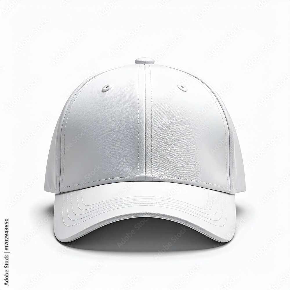Fototapeta premium A clean white baseball cap is displayed from a front-facing angle, ready to be customized with logos, graphics, or text for branding and promotional purposes