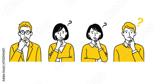 Diverse individuals thoughtfully pondering with question marks, seeking solutions and ideas
