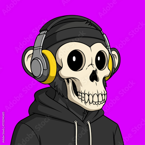A skull-faced monkey wearing headphones and a hoodie listens to music against a vibrant purple background, conveying a blend of whimsical macabre and trendy style.