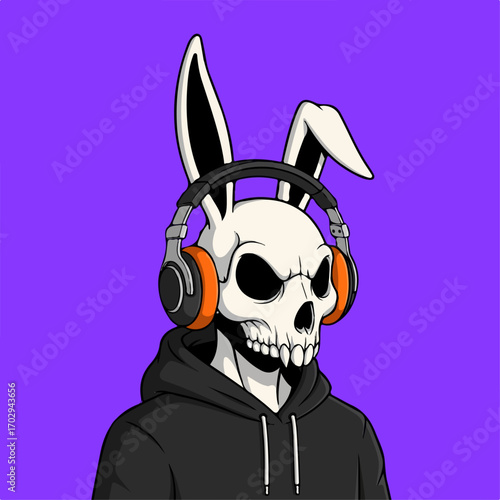A skull wearing rabbit ears and headphones listens to music, creating a darkly whimsical and stylish vibe against a purple background.