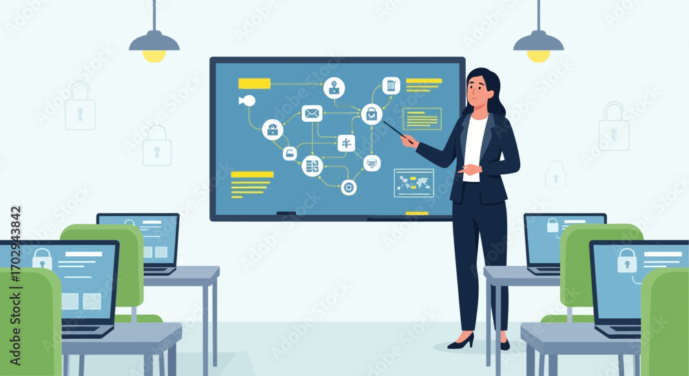 Fototapeta premium Cybersecurity training session illustration featuring instructor and a diagram of security protocols