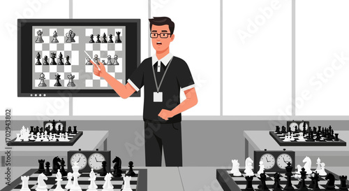 Chess Instructor Explaining Strategy on Screen in Classroom with Chessboards for Practical