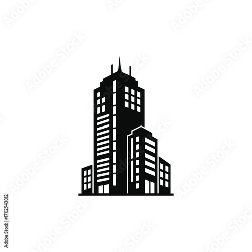 Black vector silhouette of urban city building with skyscraper architecture illustration