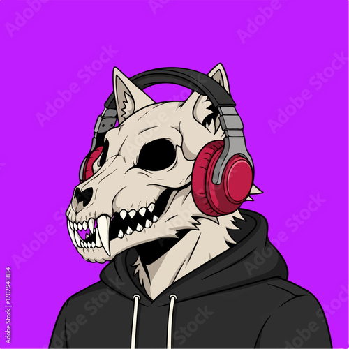 A wolf skull wearing a black hoodie and red headphones listens intently against a vibrant purple background, conveying a mysterious and edgy vibe.
