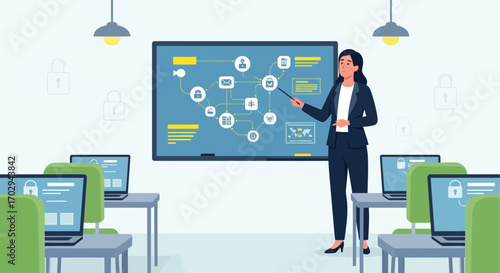 Cybersecurity training session illustration featuring instructor and a diagram of security protocols