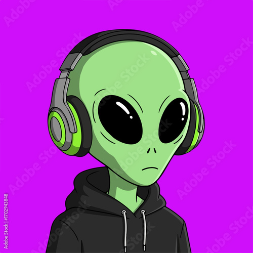 A pensive alien wearing headphones and a hoodie contemplates the music against a vibrant purple backdrop.