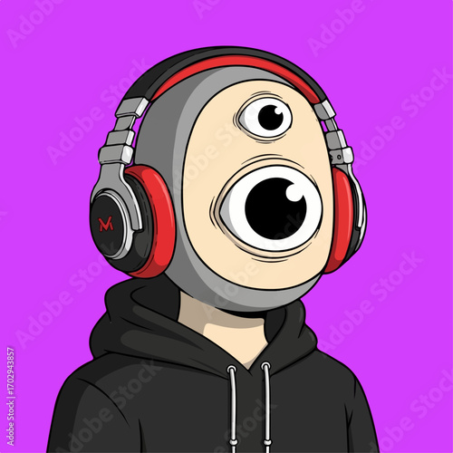 A three-eyed creature wearing headphones listens intently, lost in thought against a vibrant purple background.