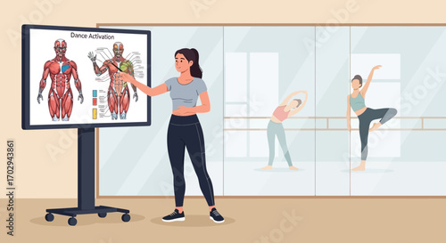 Dance instructor explaining muscle activation to students in studio setting using diagram