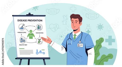 Doctor presenting disease prevention methods: handwashing, vaccination, healthy diet, and lifestyle