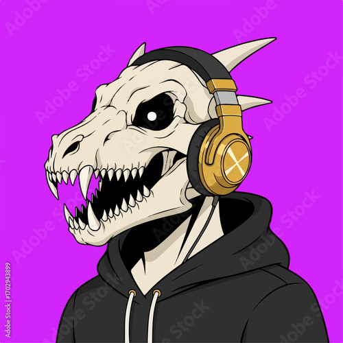 A skull-faced dragon wearing a black hoodie and gold headphones listens intently, exuding a mysterious and edgy vibe against a vibrant purple background.