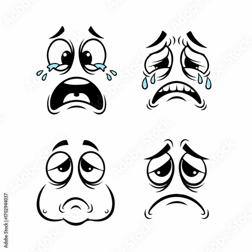 Four cartoon faces express varying degrees of sadness, from tearful despair to quiet melancholy, against a white background.