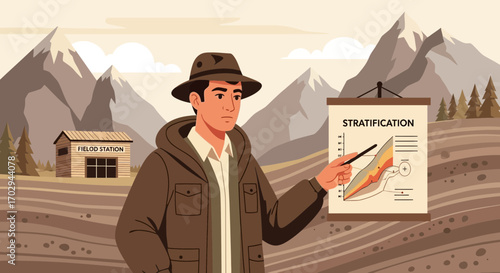 Geologist Explaining Stratification with Mountain Backdrop in Field Station Setting