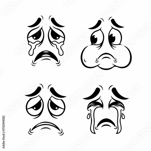 Four cartoon faces express various degrees of sadness, from teary-eyed despair to quiet melancholy, illustrating a range of emotional intensity.
