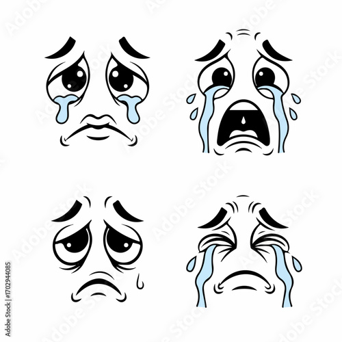 Four cartoon faces express various degrees of sadness and despair, showcasing different crying styles on a white background.