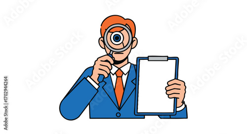 Diligent businessman examining document with magnifying glass for important business insights