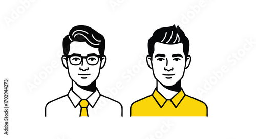 Diverse professional men, one with glasses and tie, the other in a bright shirt, representing teamwork and modern business.