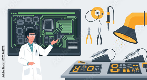 Illustration showcasing an electrical engineer at work with a circuit board design presentation