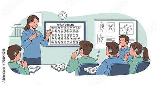 Illustration of sign language class with teacher and students learning finger spelling