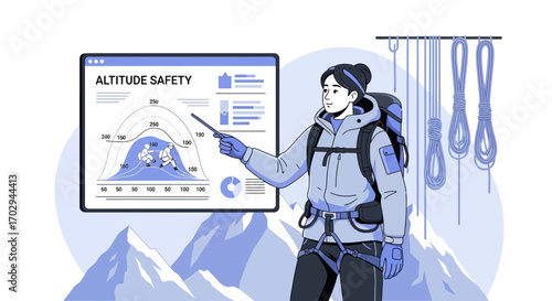 Mountaineer explaining altitude safety presentation with diagram for climbers guidance