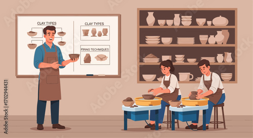 Pottery class instruction showcasing clay types and firing techniques with skilled artisans