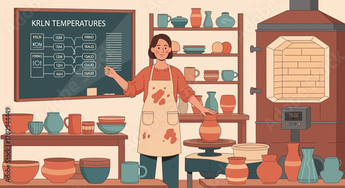 Pottery Workshop Scene Featuring Artist, Kiln, and Various Ceramic Creations for crafting