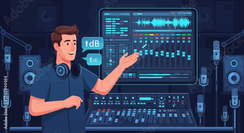 Professional audio engineer explaining audio levels in a recording studio setup illustration
