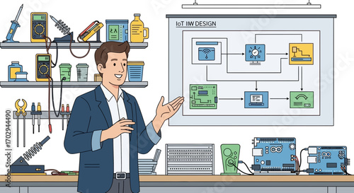 Professional presenting internet of things design with tools in a workshop environment