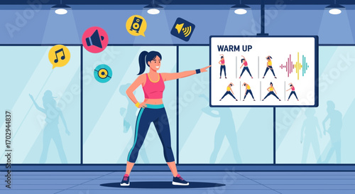 Animated fitness instructor leading a warm-up routine in a modern gym environment with musical