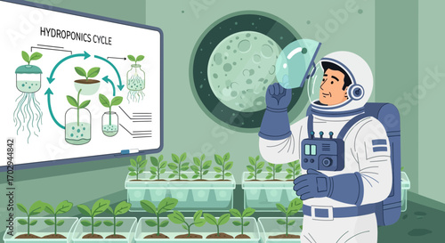Astronaut cultivating plants using hydroponics in space or a lunar base setting illustration