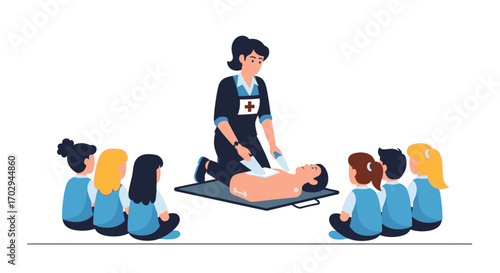 Cartoon Illustration of a First Aid Instructor Demonstrating CPR to Children Cartoon Style