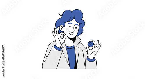 Confident scientist gives thumbs up holding small blue sphere, modern illustration