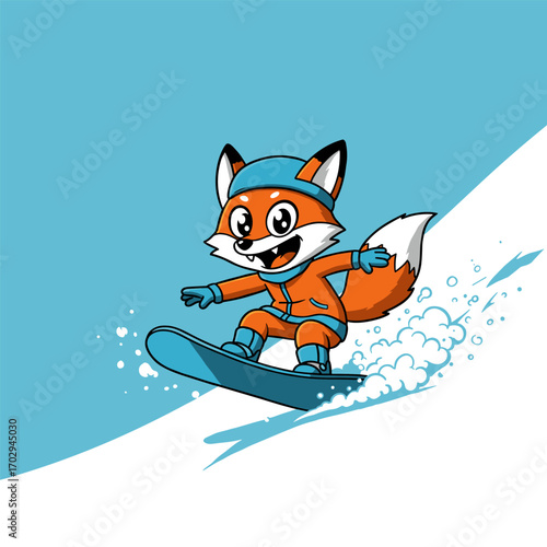 A happy fox in an orange snowsuit snowboards down a snowy slope, kicking up snow under a bright blue sky.