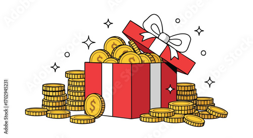 Open gift box overflowing with sparkling gold coins a symbol of abundant wealth and treasure