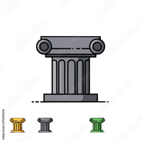 A stylized flat design illustration of a grey classical column capital, representing ancient architecture, strength, and timeless historical significance.